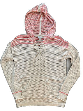 Christopher & Banks Lace-Up Open Knit Hoodie in Cream and Coral Stripe Sz M